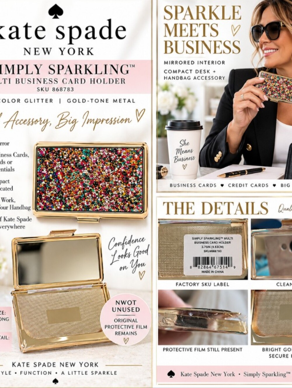 Kate Spade Simply Sparkling Multi Business Card Holder Mirror Glitter NWOT